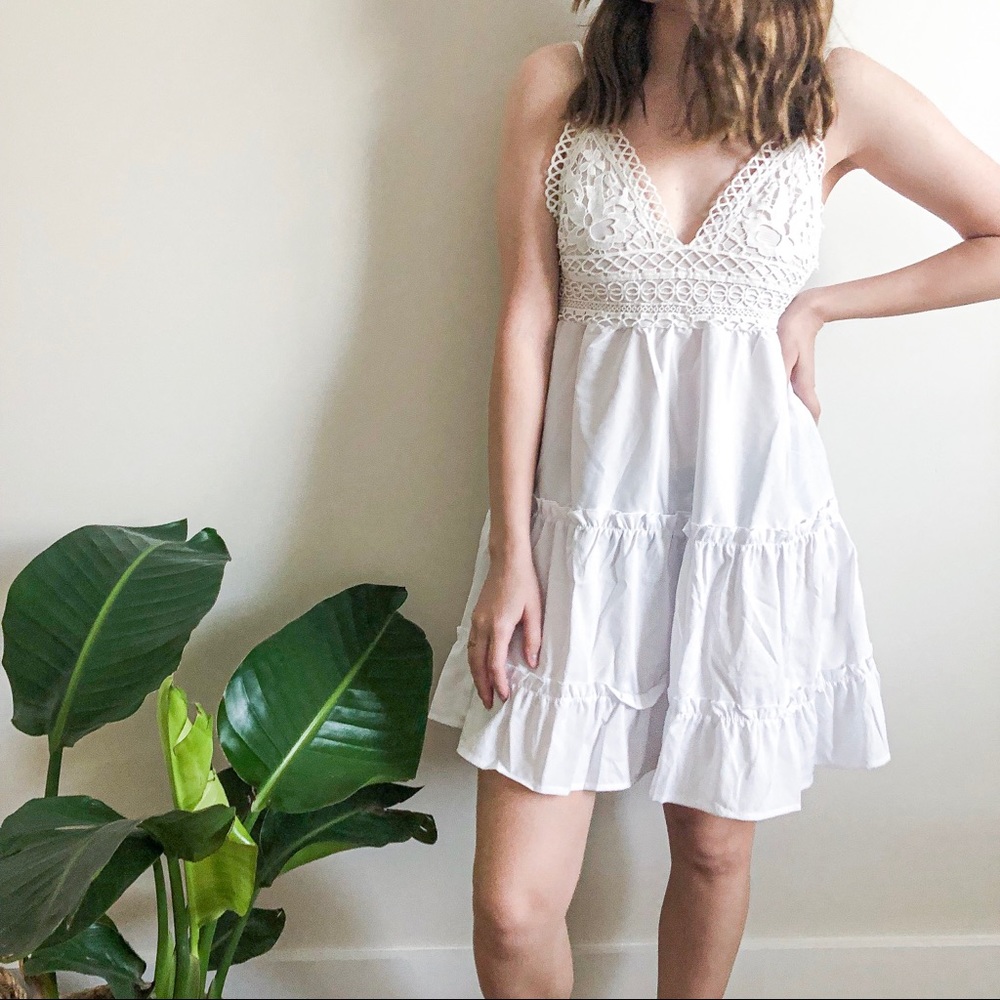 WHITE EMBROIDERED RUFFLE HEM SLIP DRESS - Picture 4 of 7